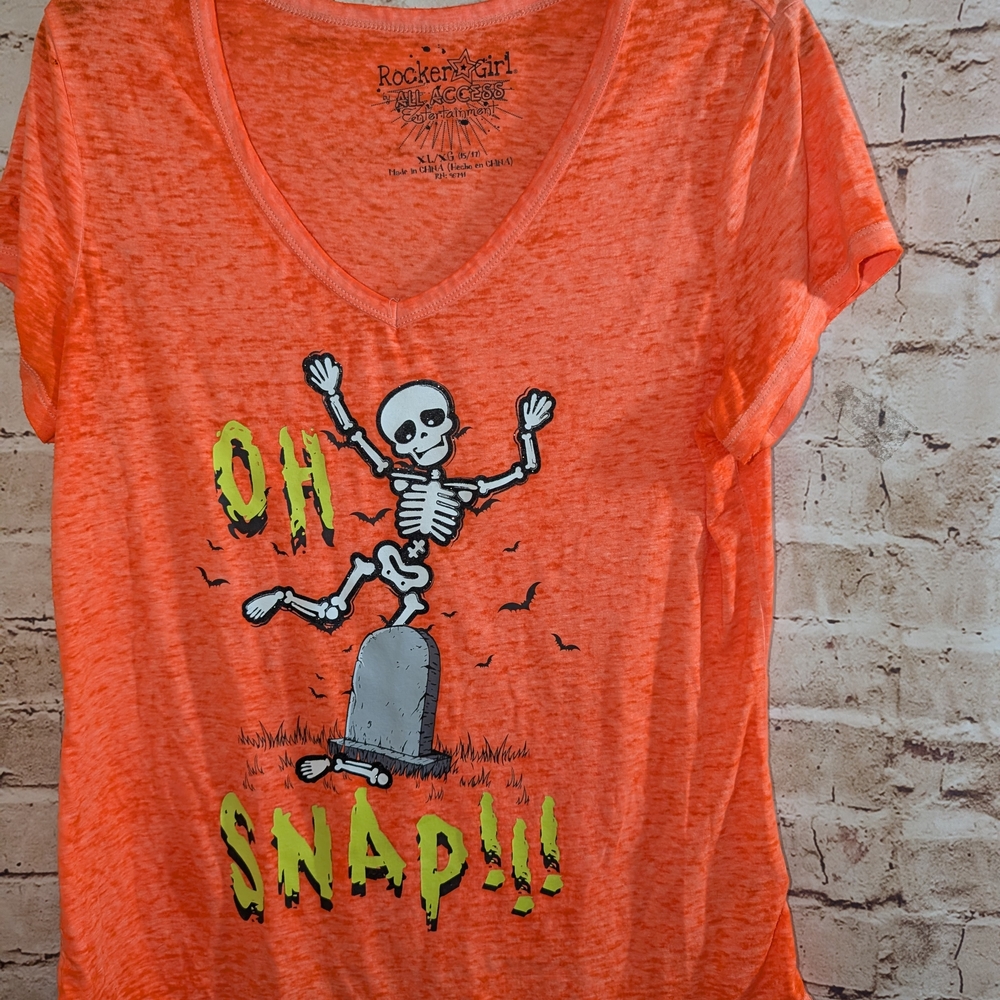 ♥️orange graphic Juniors' "Oh Snap!" Halloween Skeleton V-Neck XL 15/17